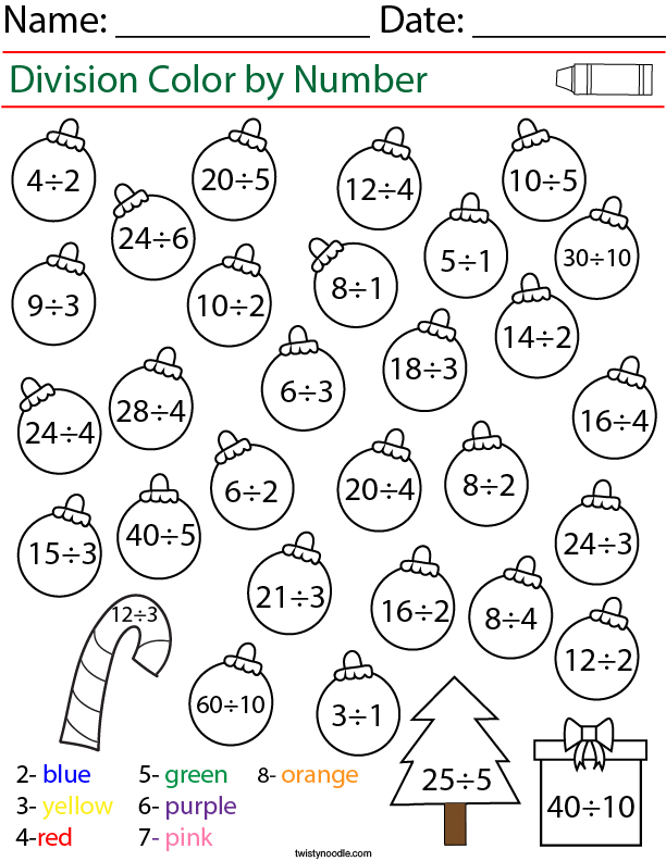 Division- Color by Number Ornaments Math Worksheet - Twisty Noodle
